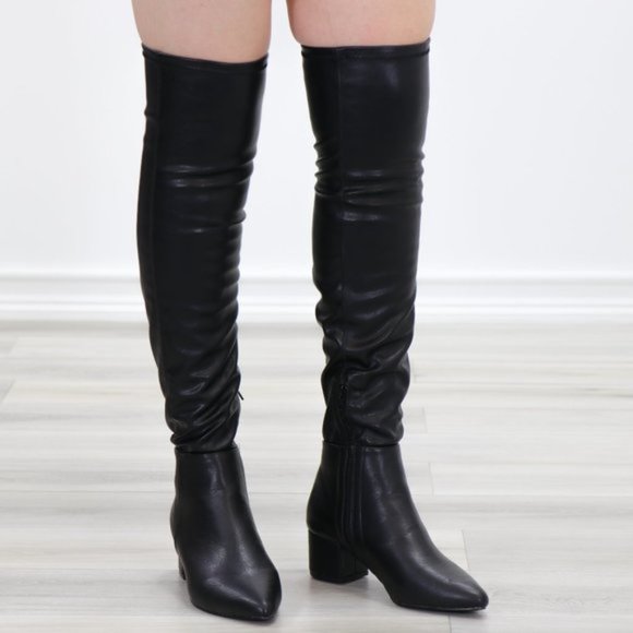 Pointy Toe Over The Knee Black Boots Faux Leather - Picture 5 of 15